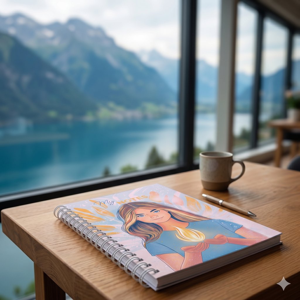 Illustrated spiral notebook on a wooden desk overlooking a scenic mountain lake view.