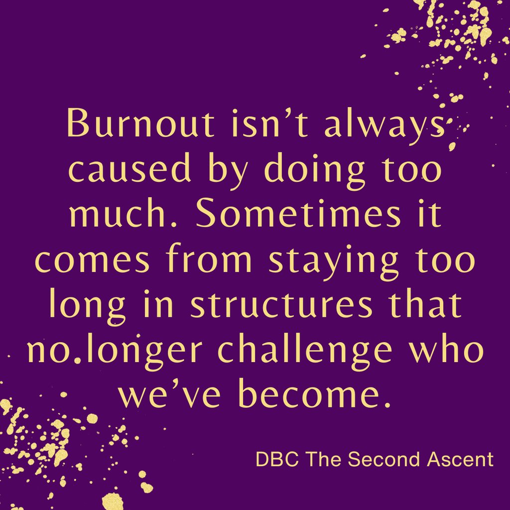 Inspirational quote about burnout and personal growth on a purple background with gold text.