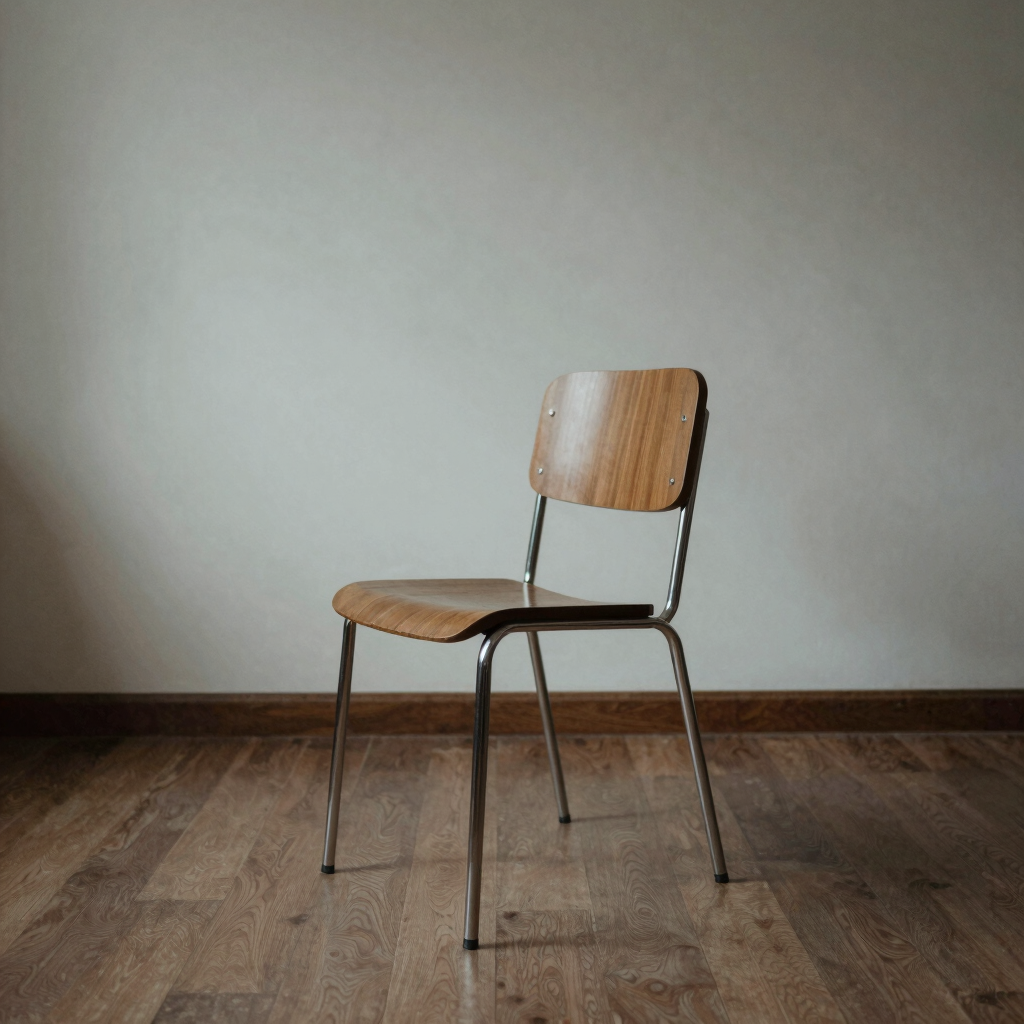 Mid-century modern wooden dining chair with chrome metal legs on a rustic oak hardwood floor.
