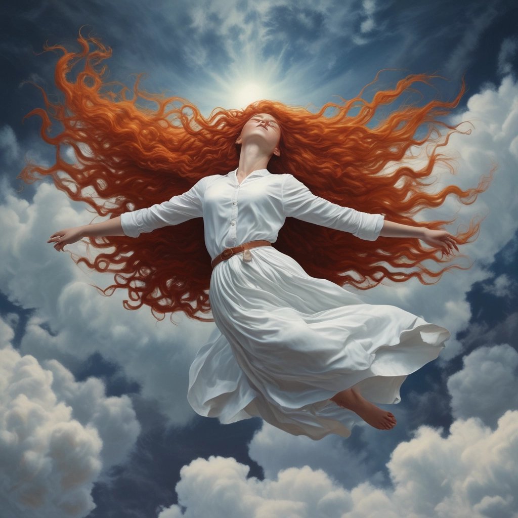 Red-haired woman in a white dress floating among clouds with flowing hair under a bright sun.