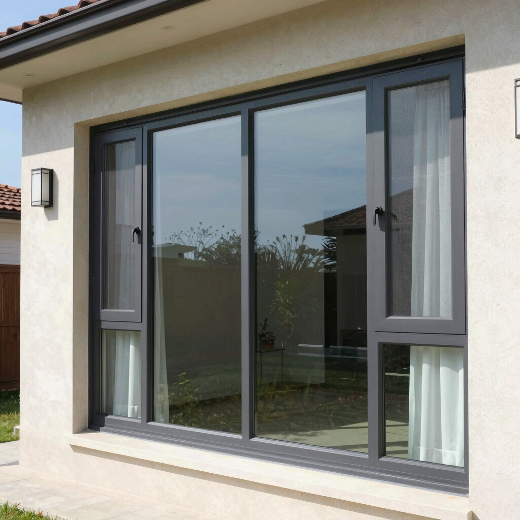 Close-up of spotless glass windows reflecting sunlight with clean frames.