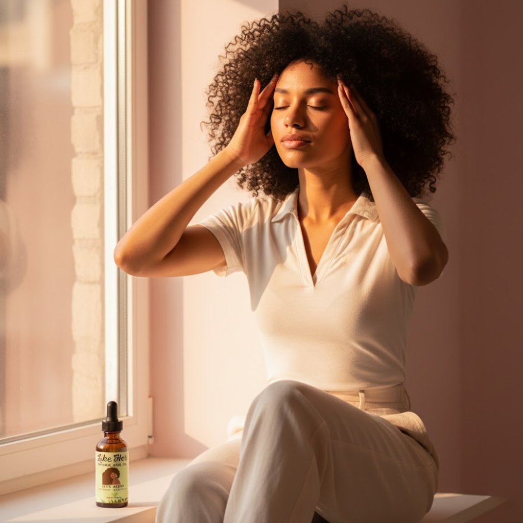 A woman with curly hair massaging her temples next to a bottle of organic hair serum.