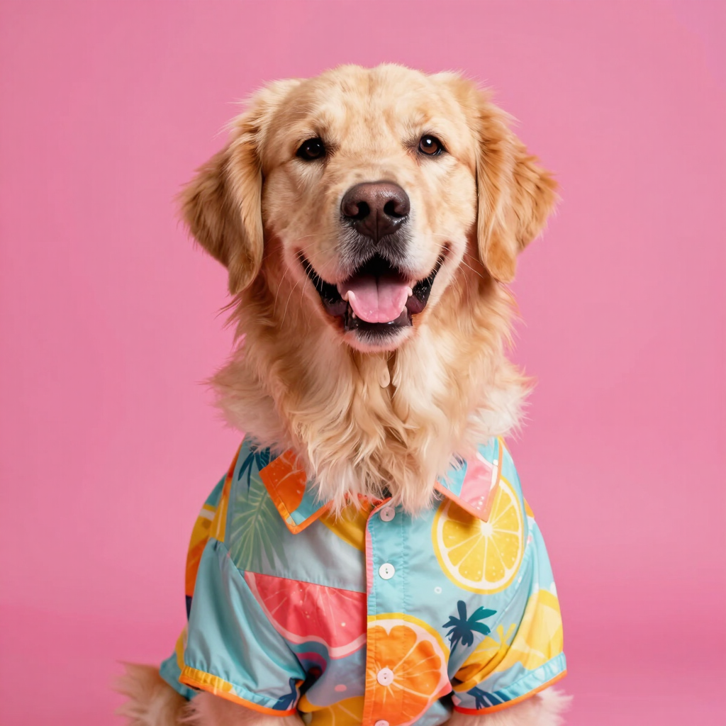 Un alegre golden retriever luce una colorida camiseta con estampado de frutas tropicales sobre un fo