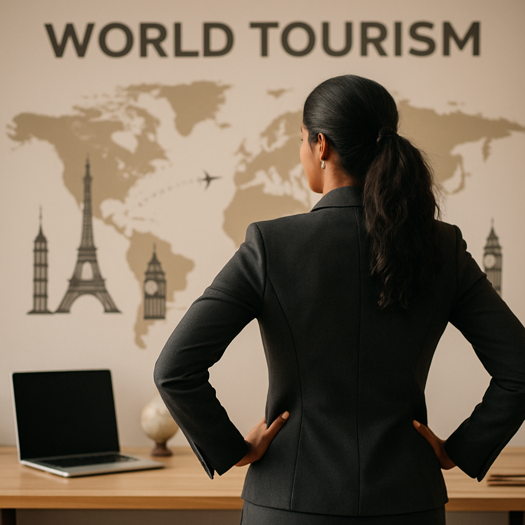 A travel agent in a suit looks at a world map wall mural with famous landmarks and a laptop.