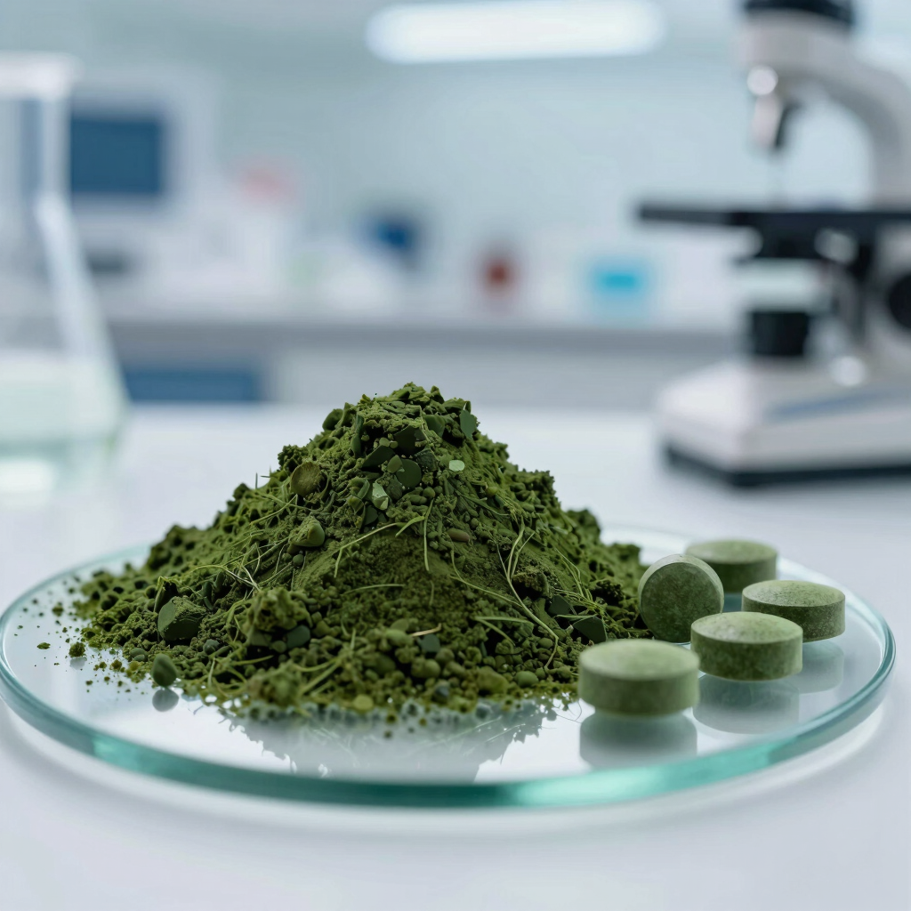 Organic green spirulina powder and tablets on a glass tray in a laboratory setting with a microscope.