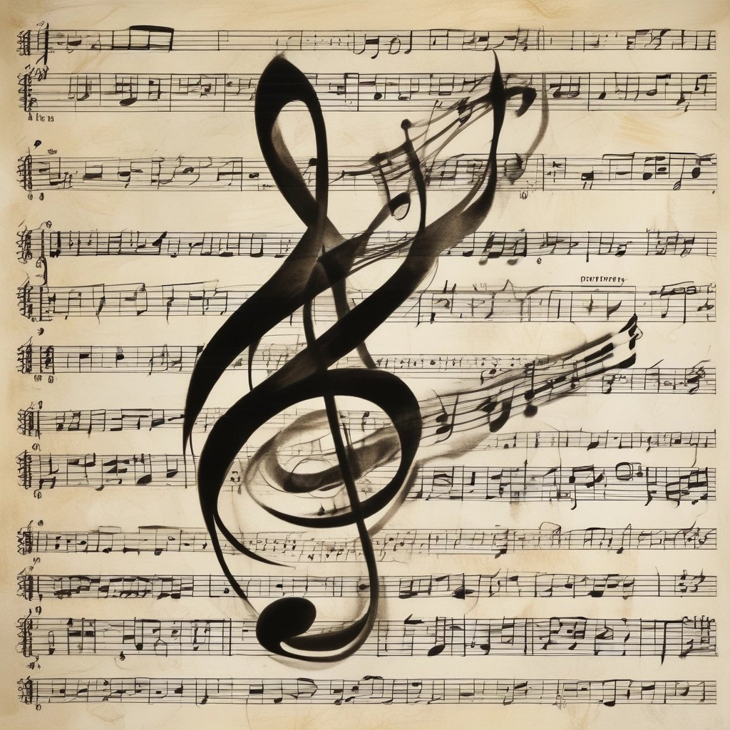 A modern office space with a computer and musical notes.