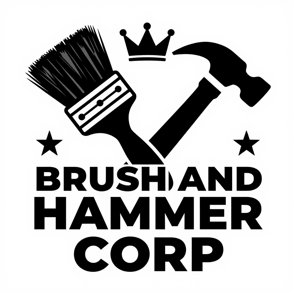Brush and Hammer Corp logo featuring a paint brush, hammer, crown, and stars for home renovation services.