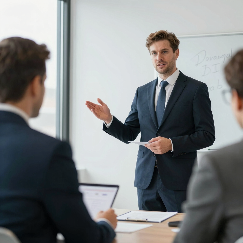A consultant reviewing trade documents with a client in a bright office.
