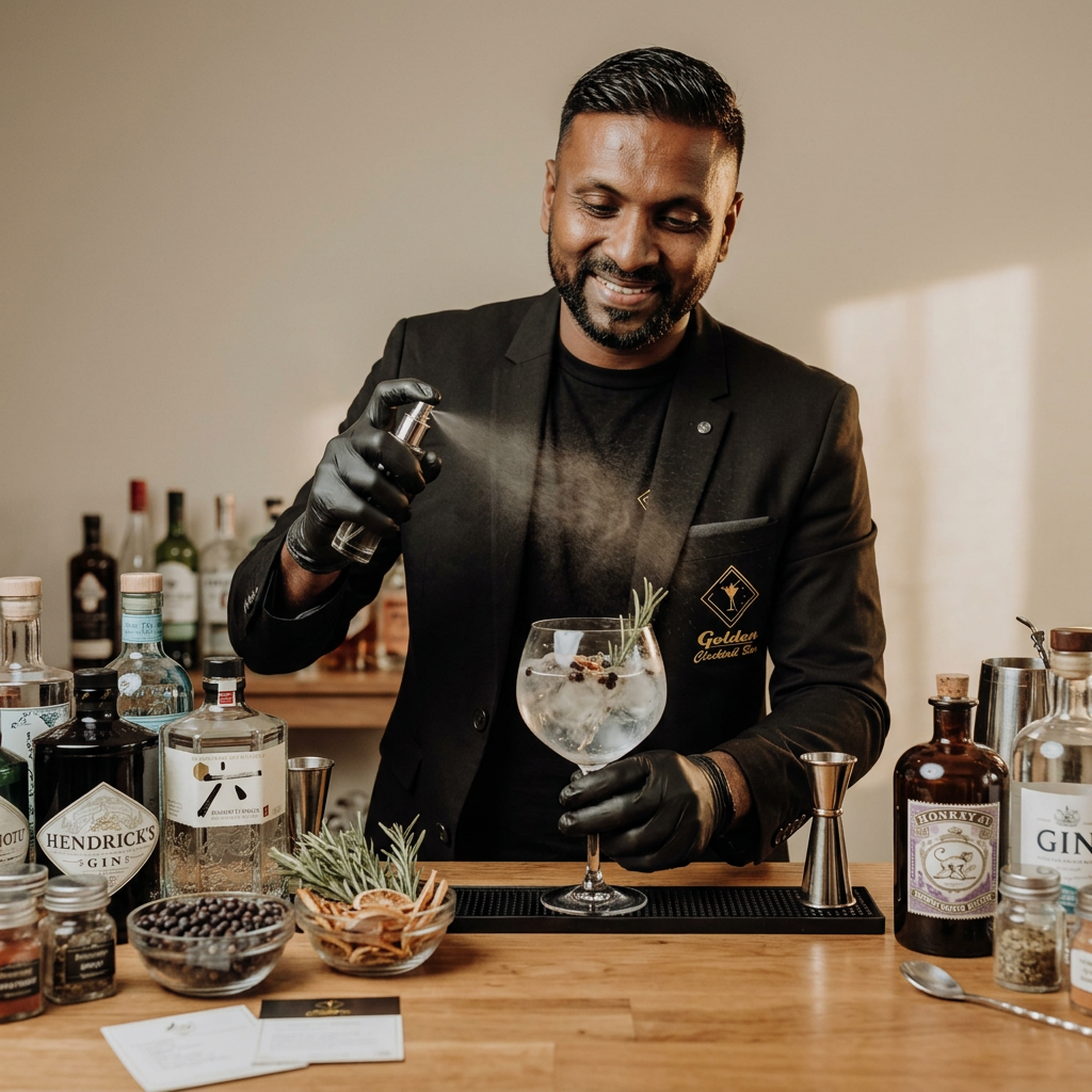 Professional bartender spraying botanical mist onto a gin and tonic cocktail with aromatic garnishes.