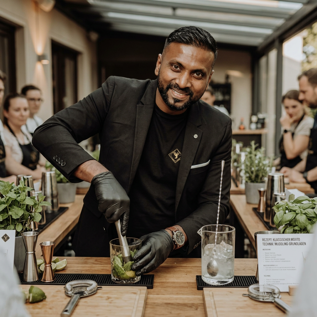 Professional mixologist muddling fresh mint for a mojito cocktail at a bartender training class.