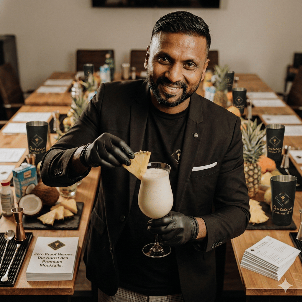 Professional bartender garnishing a tropical cocktail during a premium mixology class.