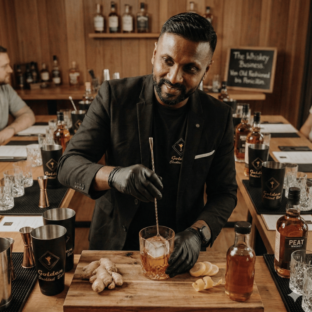 Professional bartender in a black suit mixing an Old Fashioned whiskey cocktail at a tasting event.