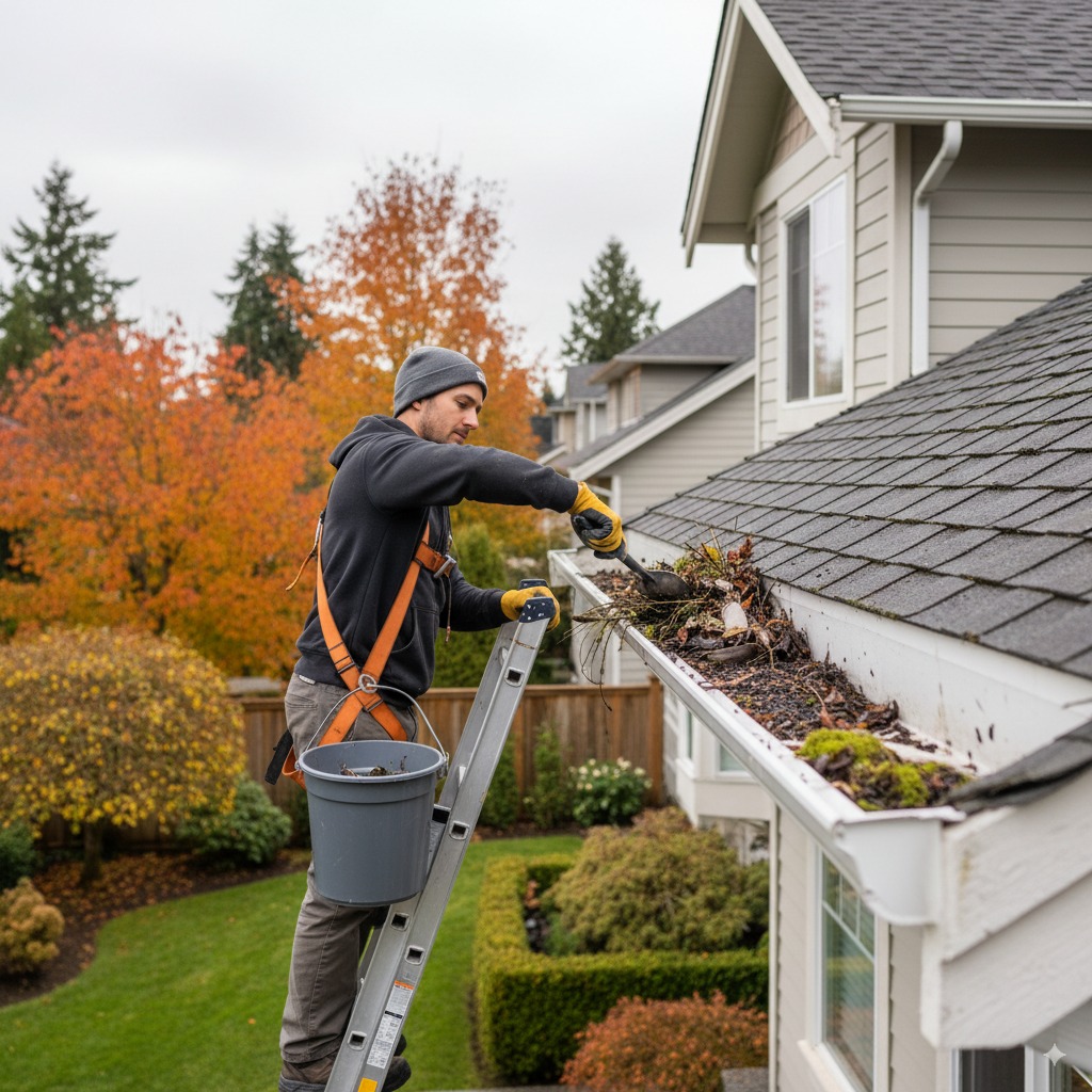 Cleaning clogged downspout for rainwater drainage system