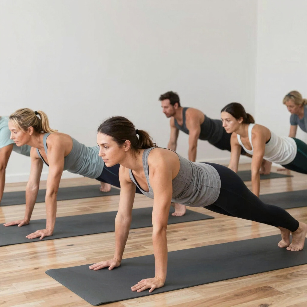 An older adult gently stretching in a bright, welcoming studio during a mobility class.