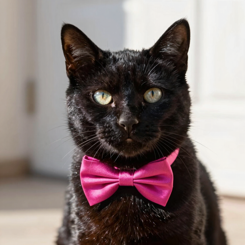 Un apuesto gato negro con una pajarita rosa brillante como accesorio, sentado dentro de la casa