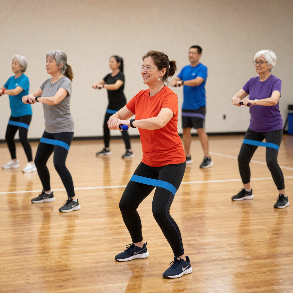 A joyful group of older adults exercising together in a bright, airy studio.