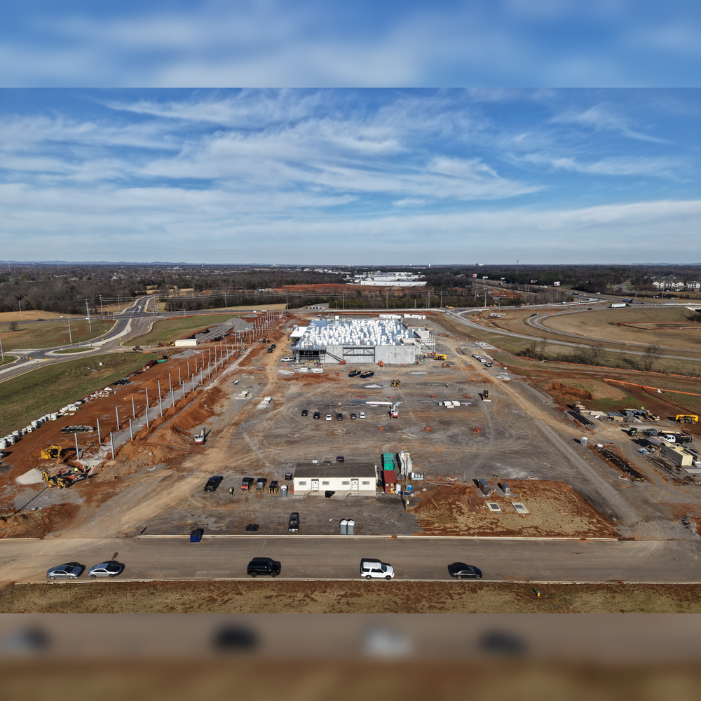 Aerial drone view of construction progress at the new Buc-ee’s site in Murfreesboro, TN, showing hor