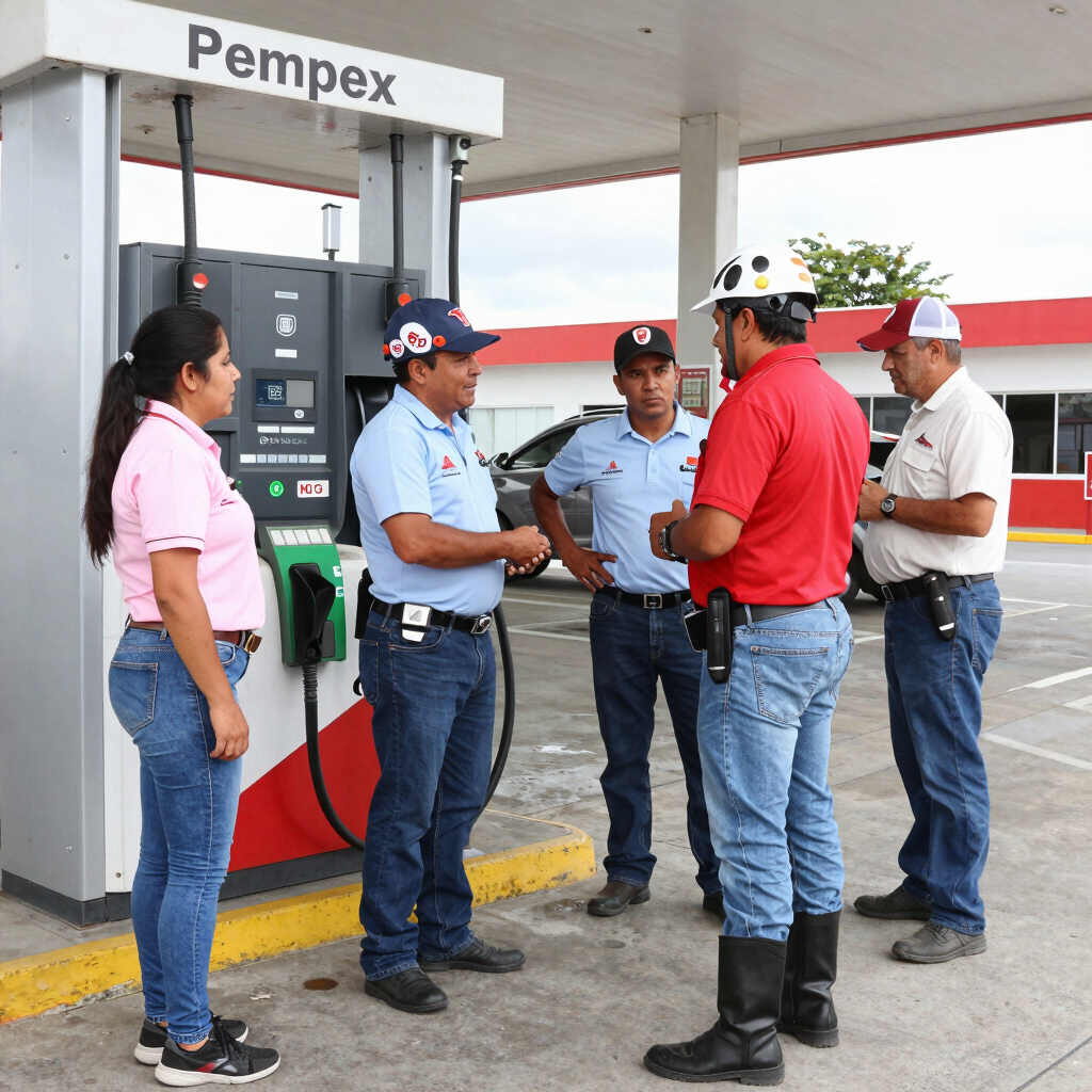 A professional consultant discussing inspection results with a client at a fuel station.