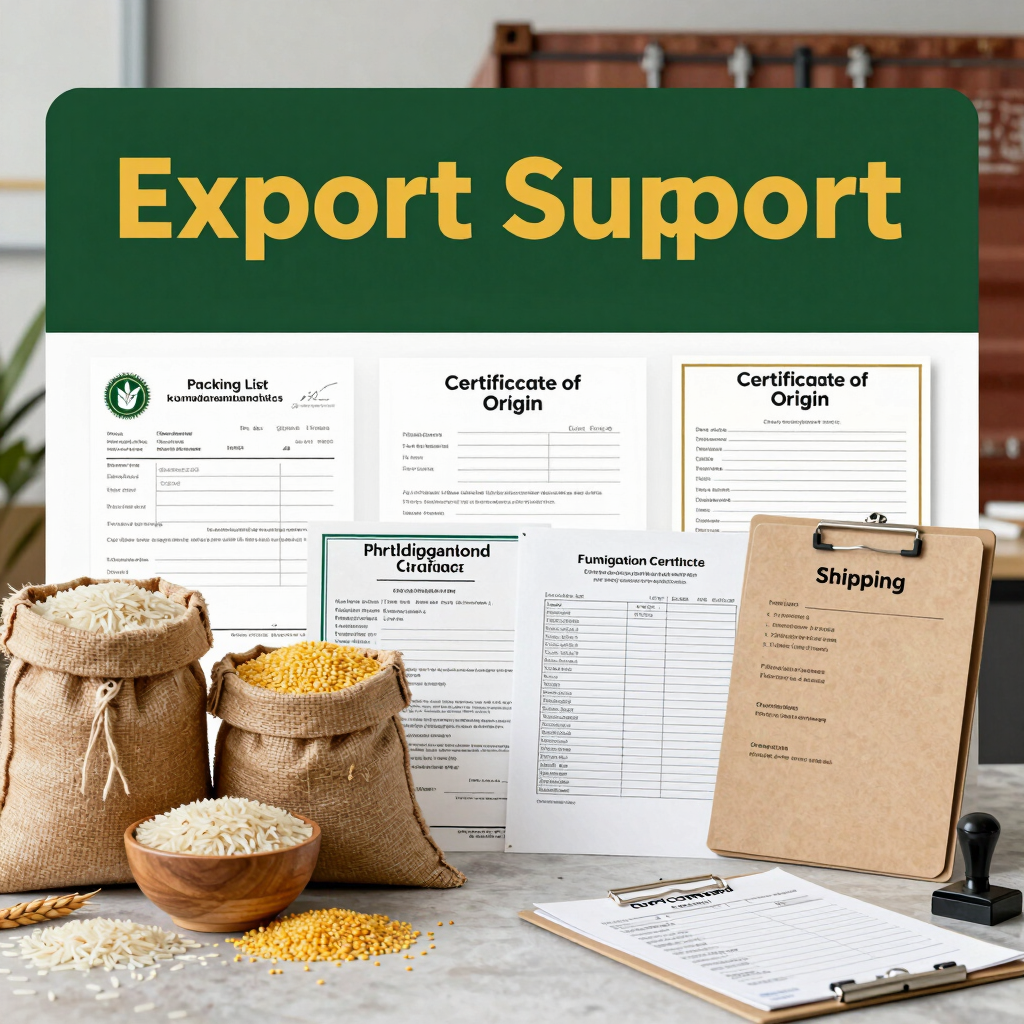 A professional layout featuring document-style icons in green and gold hues representing export certificates and reports.