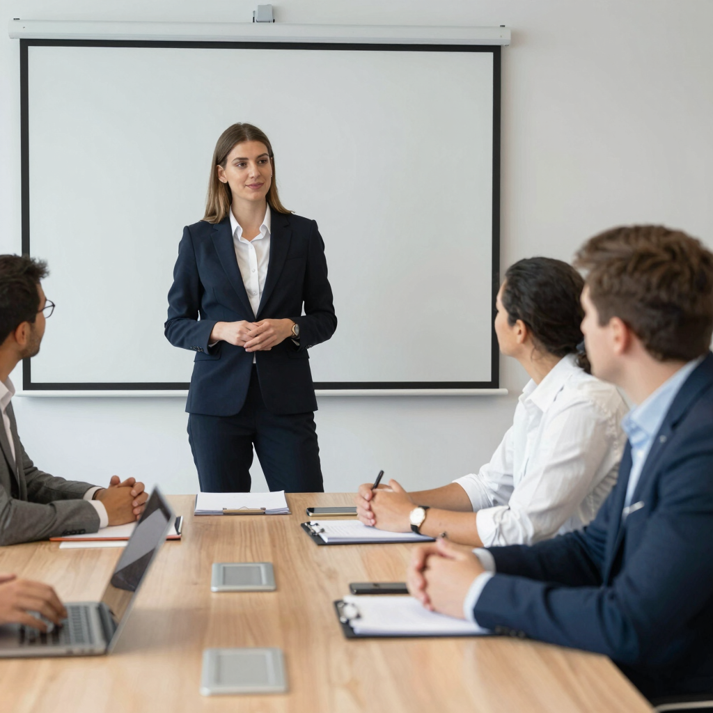 Prezentacja kobiety przed zespołem w biurze