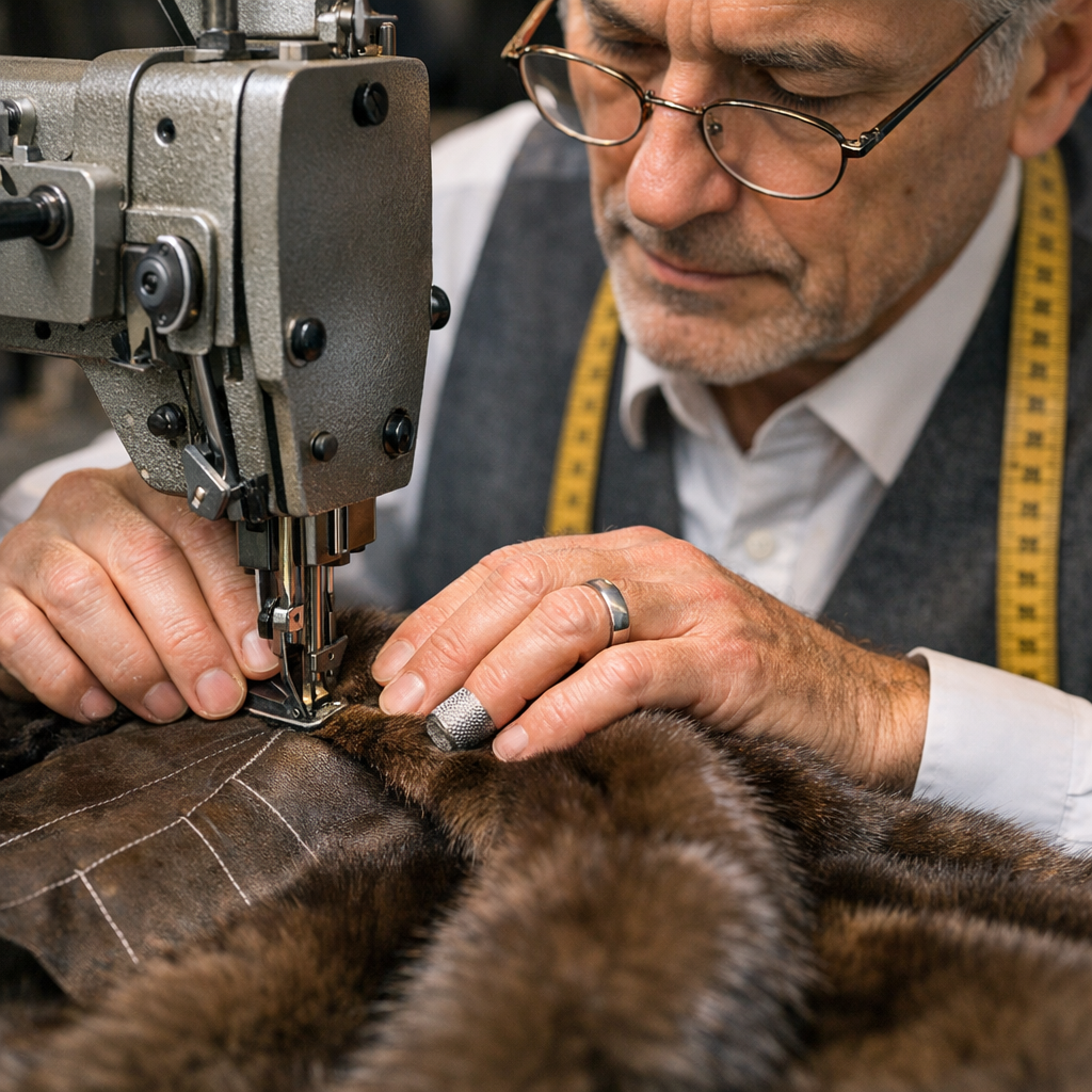 Pelliciaio esperto che effettua una rimessa a modello su una vecchia pelliccia
