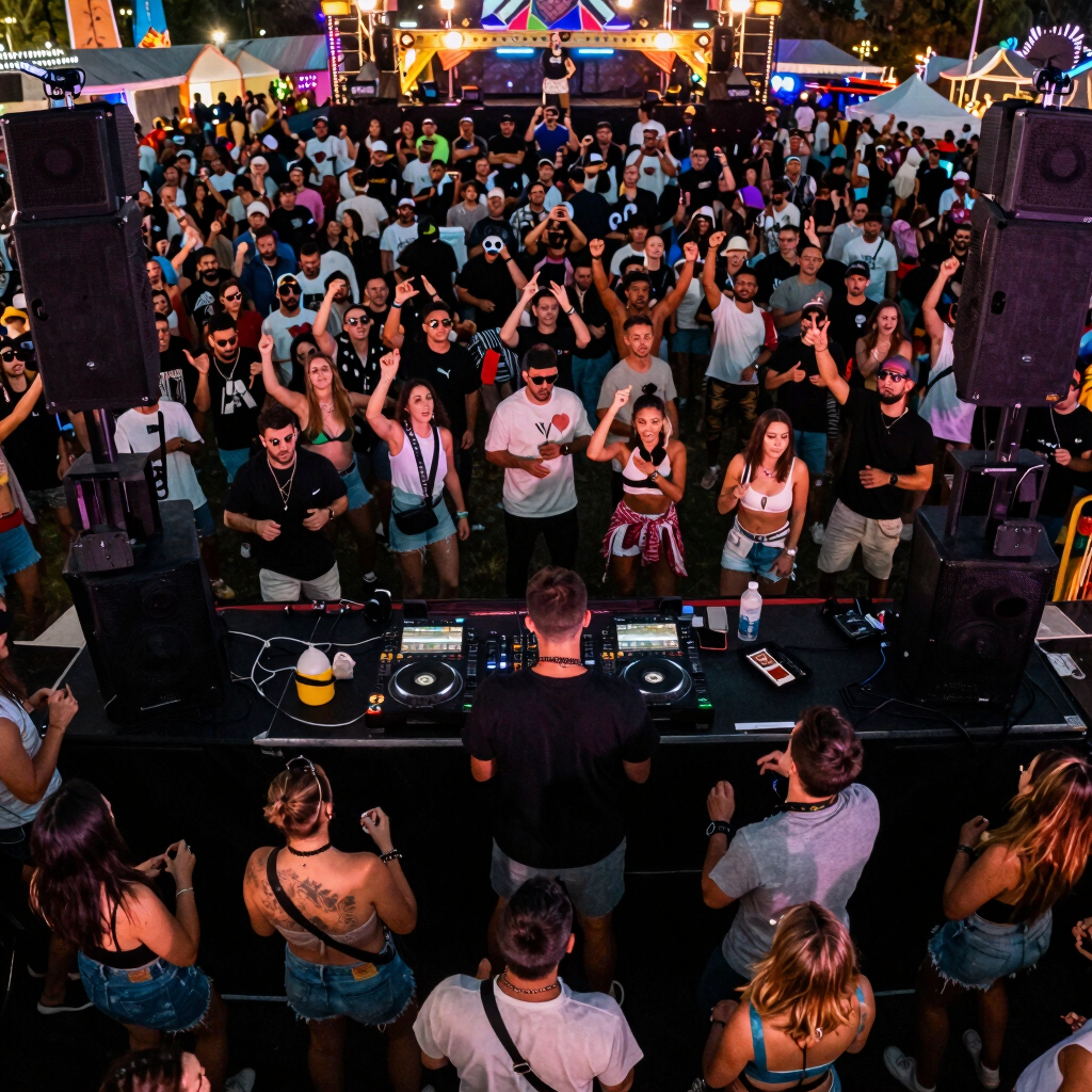 Professional DJ performing at a night music festival with a large crowd and Pioneer mixing equipment.