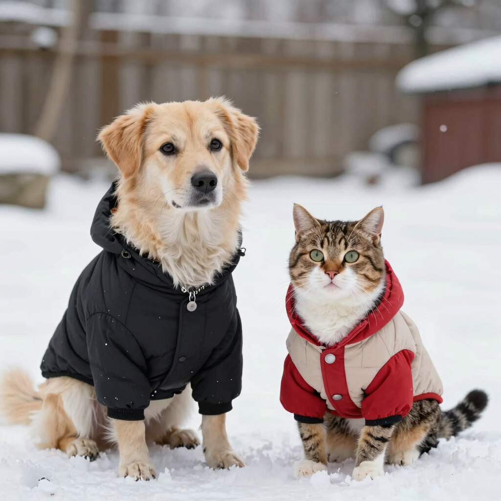 Un perro dorado y un gato atigrado, ambos con abrigos de invierno abrigados, están sentados juntos