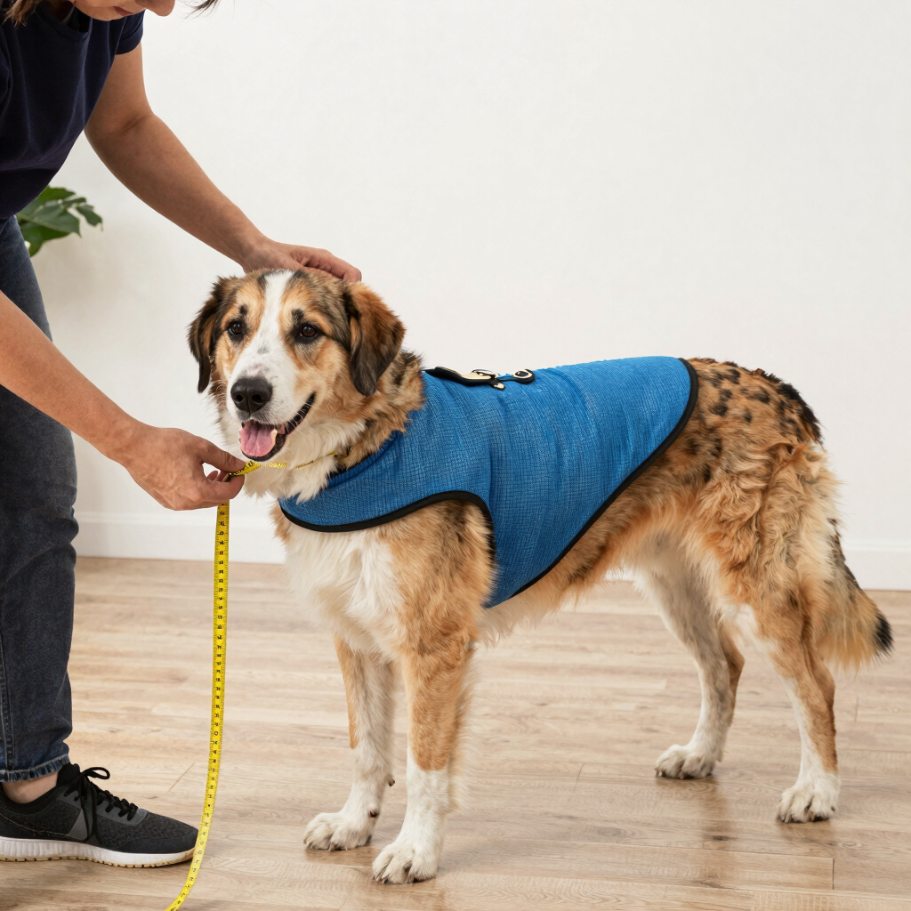 Una persona mide a un perro grande que lleva un chaleco refrigerante azul