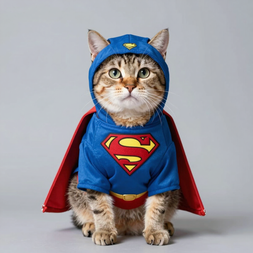 Adorable gato atigrado con un disfraz azul de Superman, con capa y capucha rojas