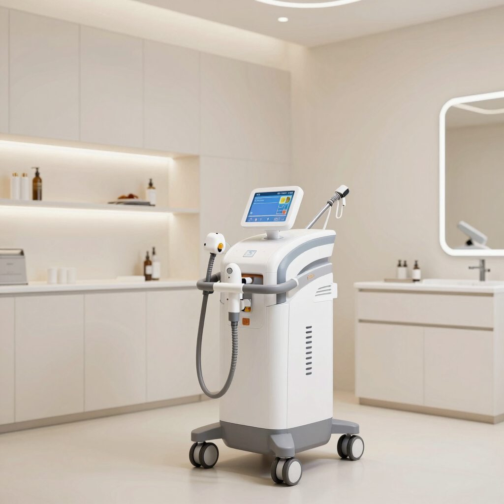 Professional medical laser hair removal machine in a clean, modern aesthetic clinic setting.