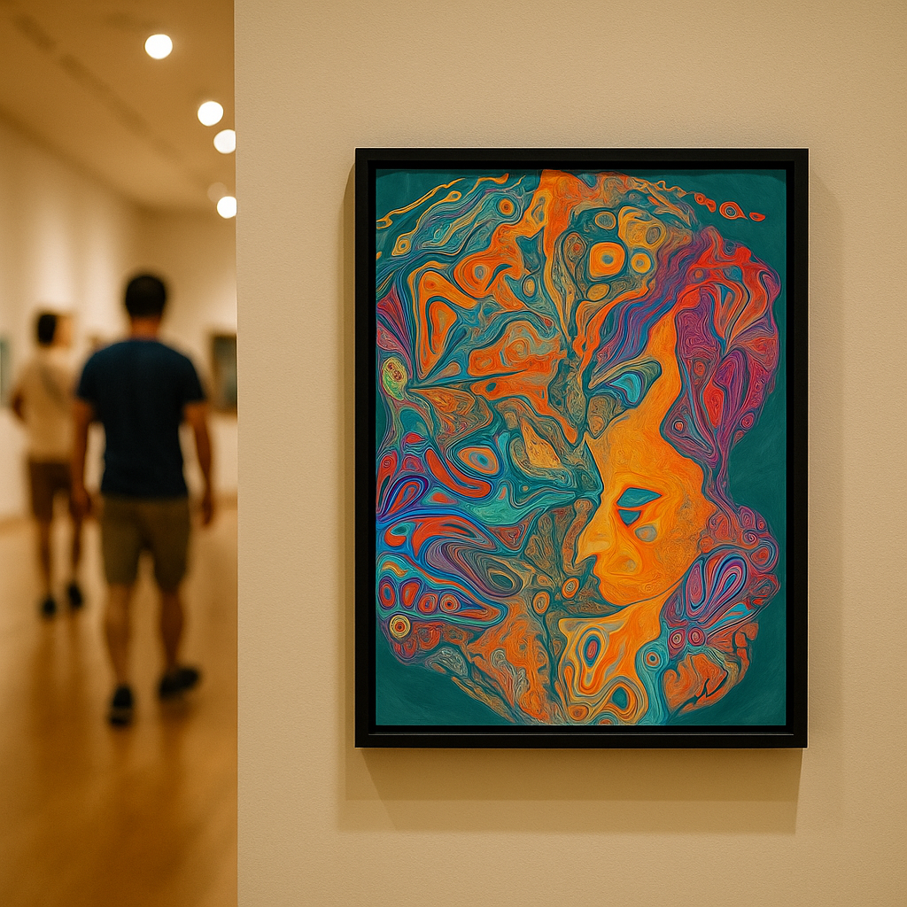 Art therapy exhibit showcasing emotional portraits in a public gallery.