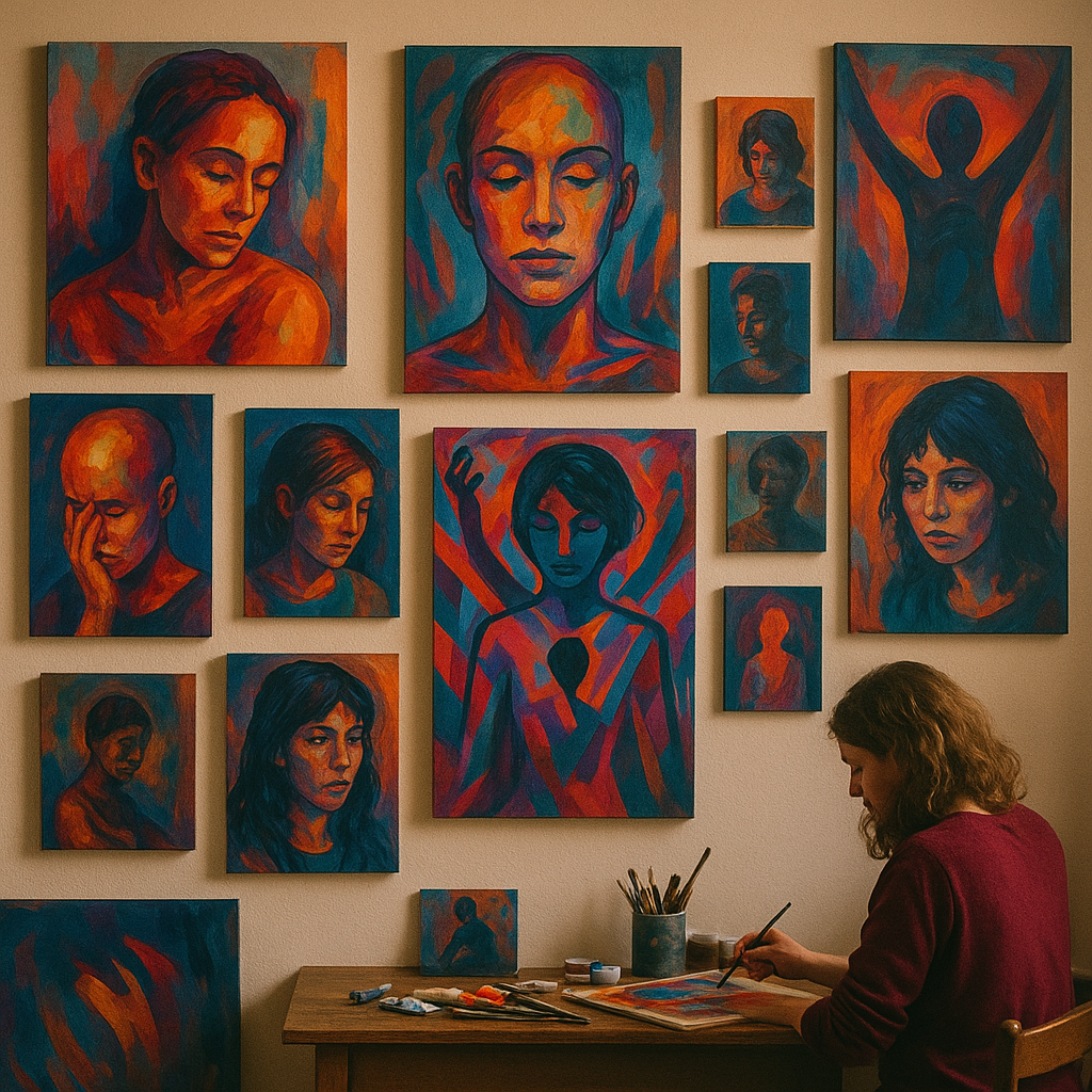 Artist painting expressive faces in a cozy studio full of trauma-themed artwork.