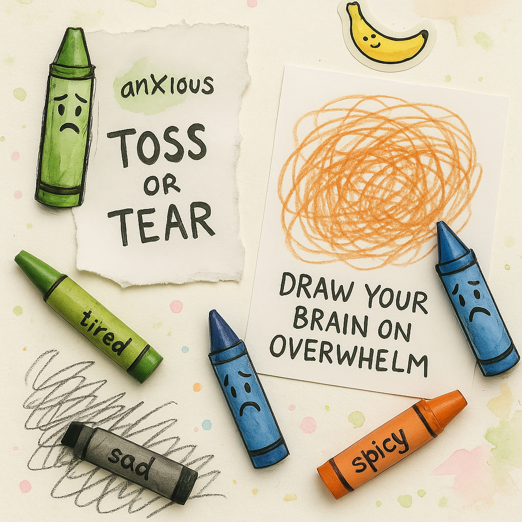 Colorful crayon characters with torn paper and scribbles, illustrating emotional expression thru art