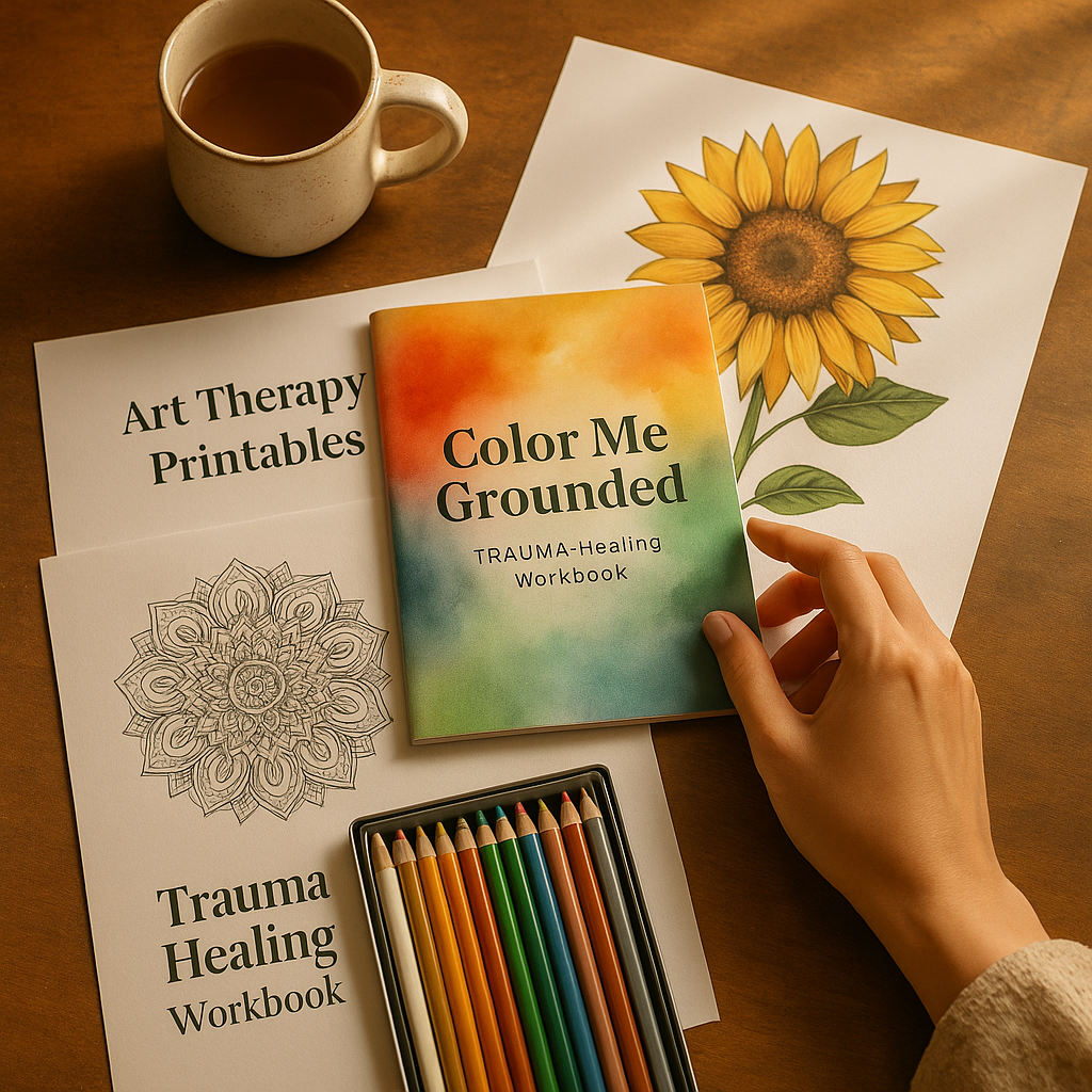 Flat-lay of trauma healing workbooks, sunflower drawings, and colored pencils