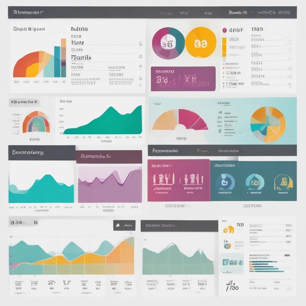 Modern business analytics dashboard with interactive charts and colorful data visualizations.