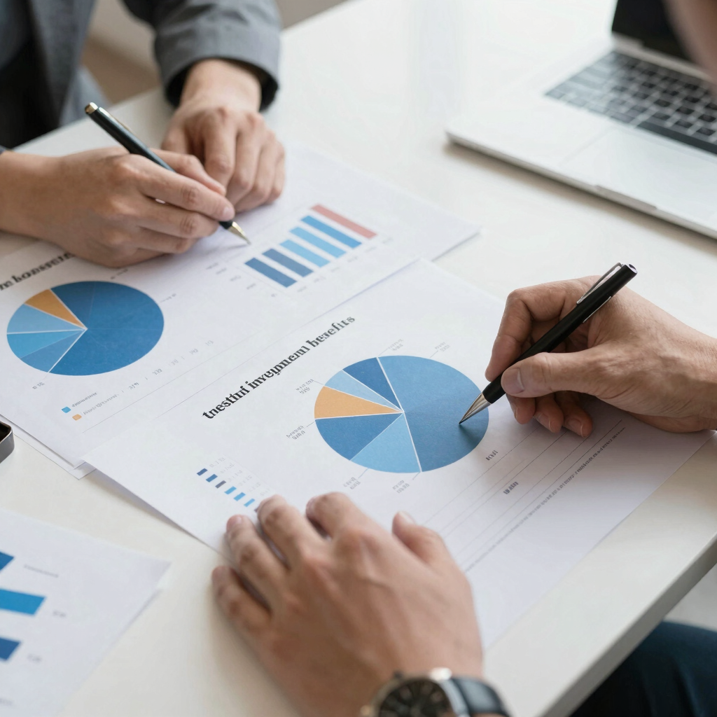 Business professionals analyzing financial investment charts and pie graphs during a meeting.