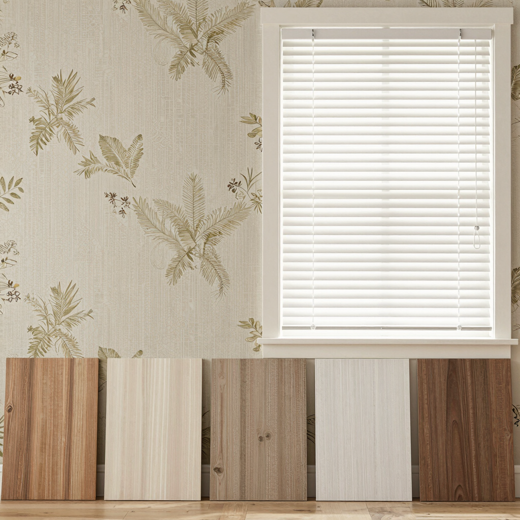 Wooden blind samples displayed against tropical leaf wallpaper and white venetian window blinds.
