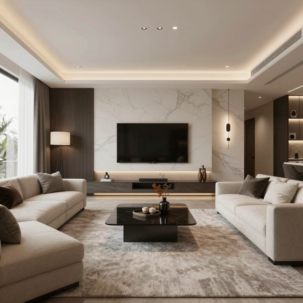 Modern luxury living room featuring a marble accent wall, large TV, and cream sectional sofas.