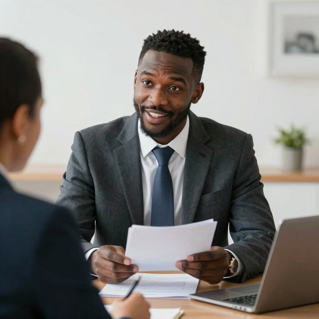 A focused veteran entrepreneur working at a desk with business plans and government forms.
