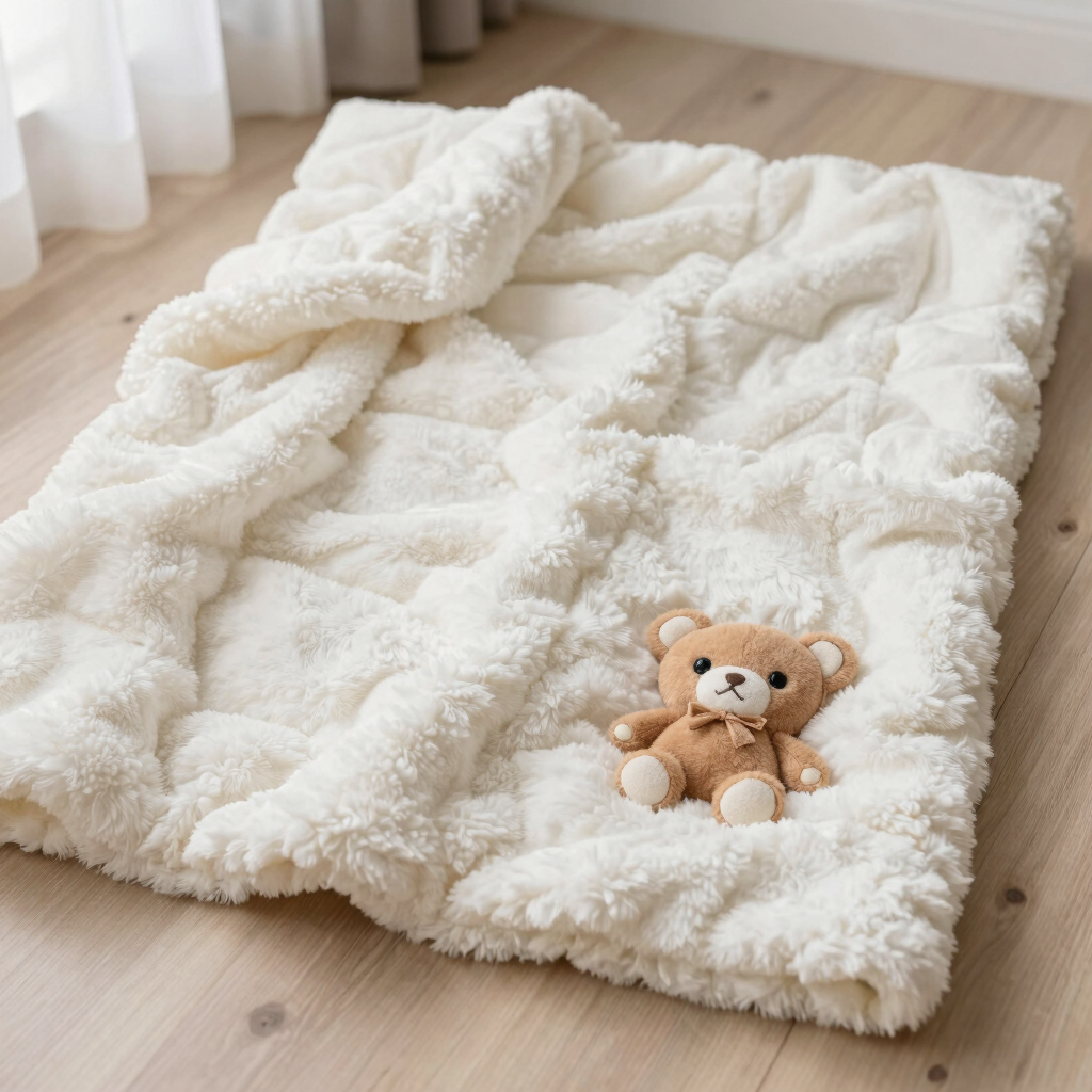 A soft, warm nursery corner with plush pillows in dusty rose and cream, bathed in gentle light.