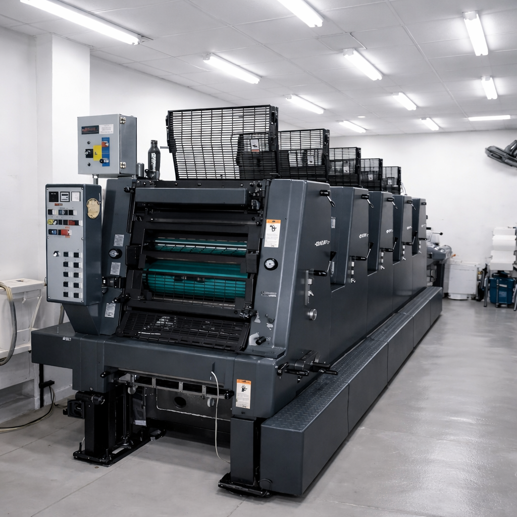 Heidelberg GTO 52 five color offset printing press used for pharmaceutical carton and packaging