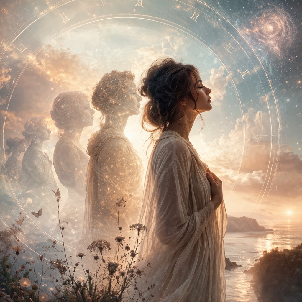 Ethereal artwork of a woman with layered silhouettes and soft light, representing past life regressi
