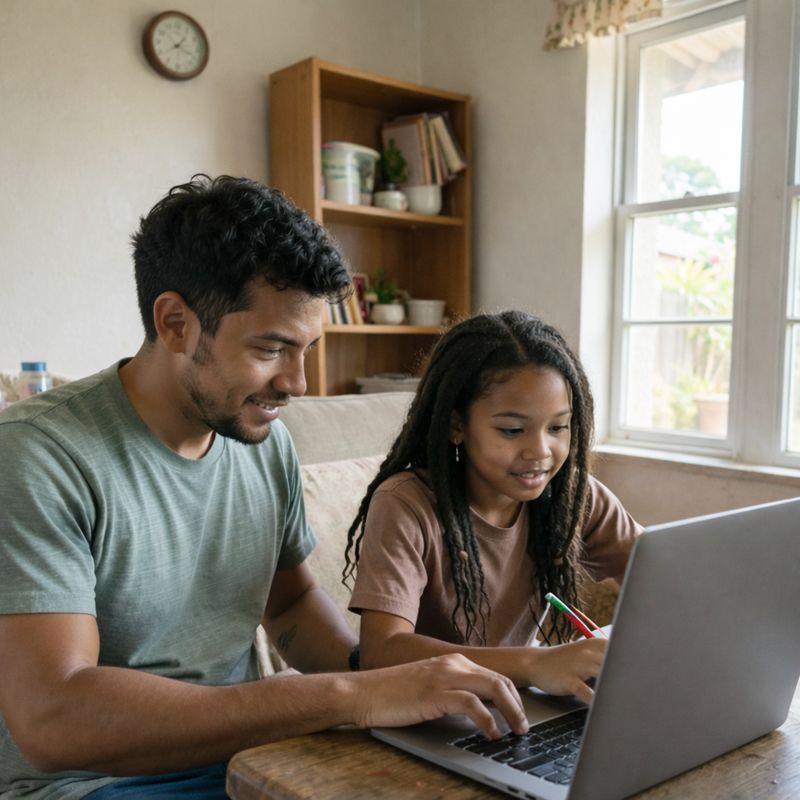 A man and his young daughter sit together on a sofa, learning to use a laptop