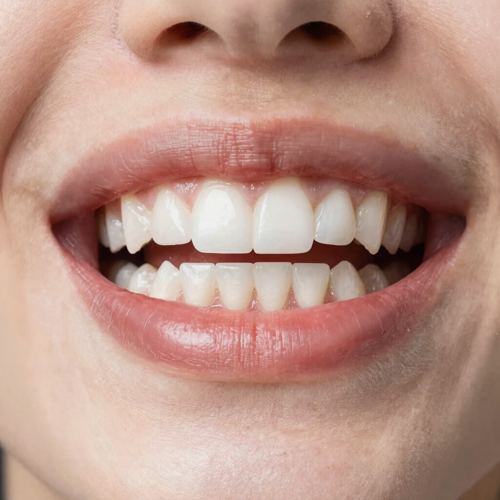 Close-up of a patient smiling with bright white teeth after dental whitening treatment in a modern clinic.