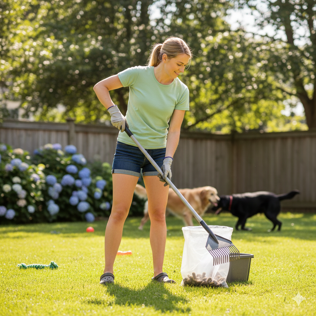 a woman is cleaning a lawn with a shovel