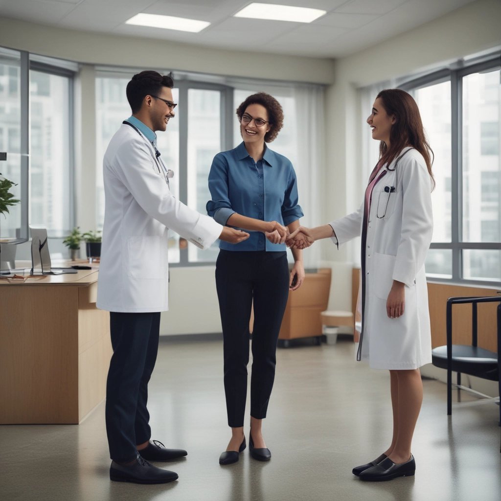 A smiling female doctor shaking hands with a patient during a medical consultation for health insurance.