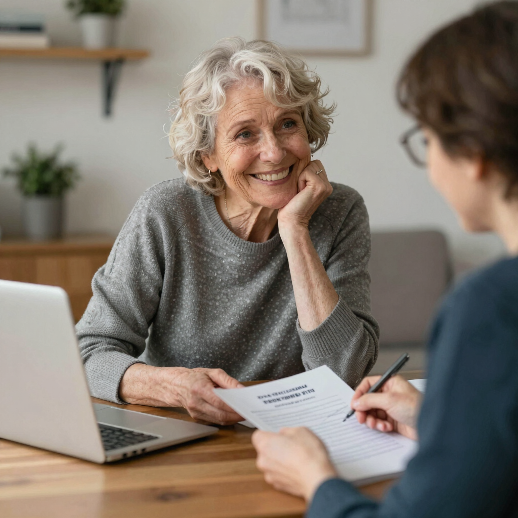 A friendly lawyer discussing flat fee options with a client in a cozy office.