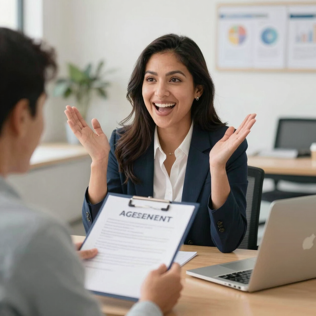 Close-up of hands signing legal documents with a blue and gray themed office background.