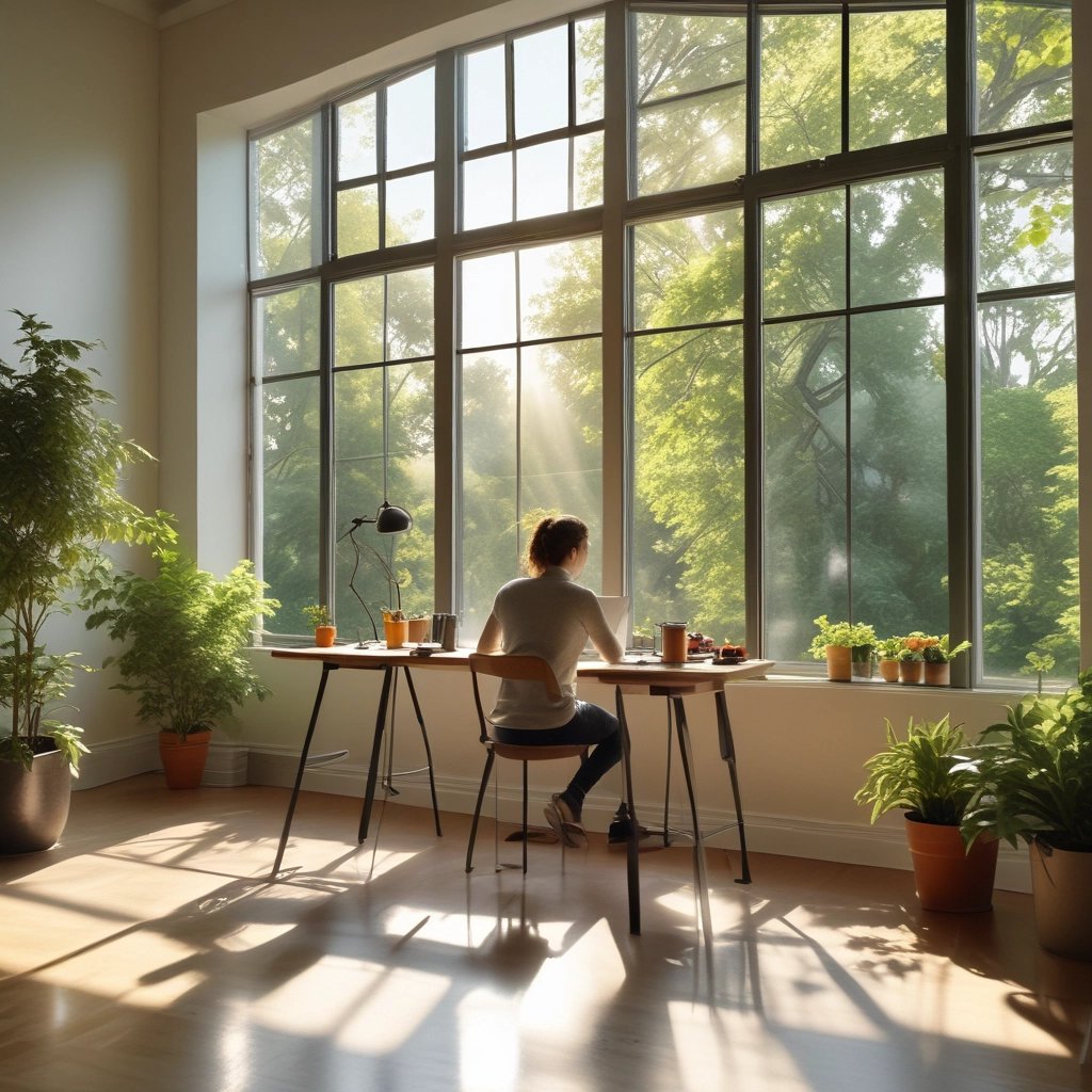 A vibrant, inviting workspace with a laptop displaying the Health Intelligence website, surrounded by wellness products like supplements and fitness gear.