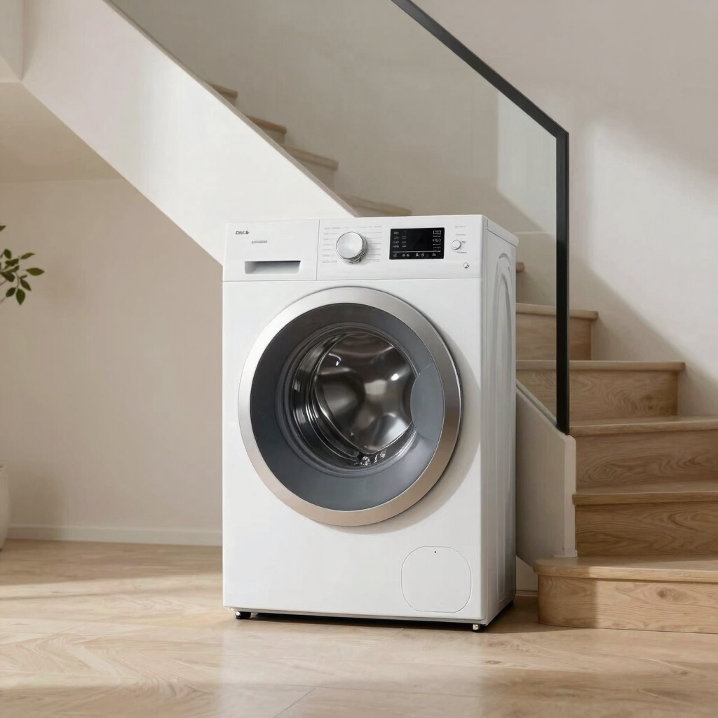 Close-up of a professional technician in a blue uniform inspecting the drum belt of a washing machine, tools laid out neatly, bright home laundry room setting.